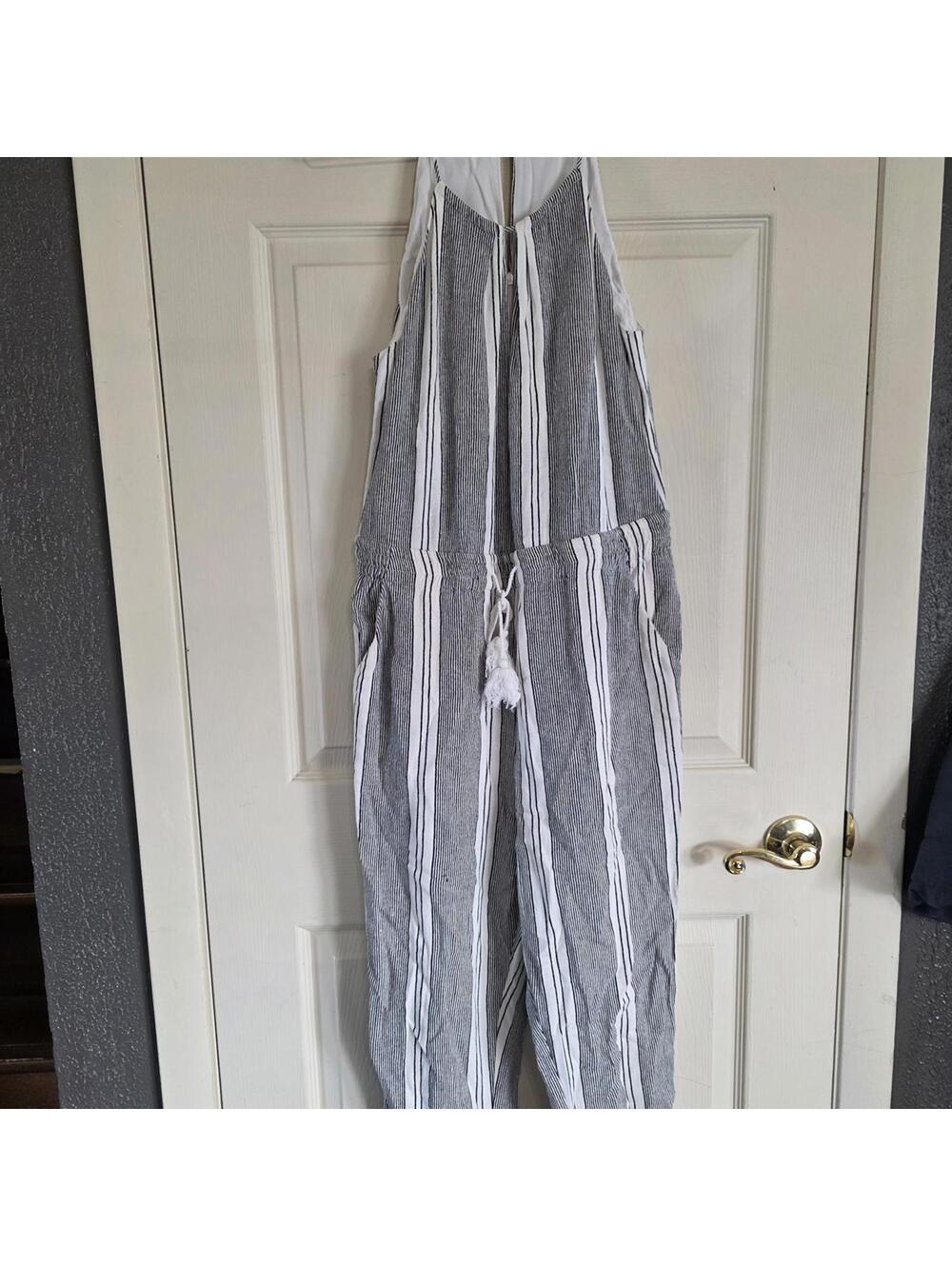 Gray and White Striped Sleeveless Jumpsuit with Tassel Tie